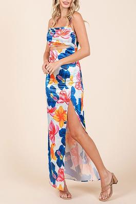 FLORAL PRINT STRETCHING SATIN MULTI COLOR MAXI DRESS