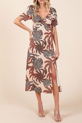 PRINT PUFF SLEEVE CASUAL MIDI DRESS