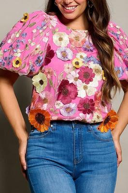 SHORT PUFF SLEEVE EMBROIDERY FLOWERS MULTI COLORS BLOUSE TOP