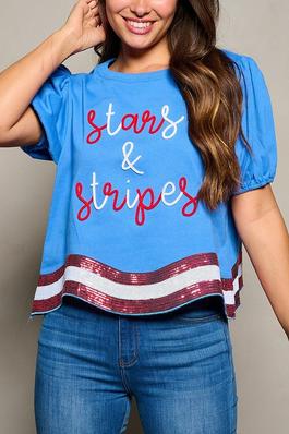 SHORT SLEEVE SEQUINS STARS STRIPES PATRIOTIC TUNIC BLOUSE TOP