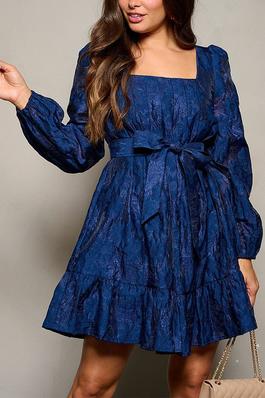 LONG PUFF SLEEVE SQUARE NECK FLORAL DETAILED MINI DRESS