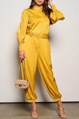 LONG SLEEVE BUTTON UP POCKETS BELTED JUMPSUIT