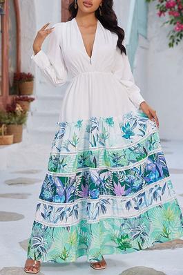 LONG SLEEVE V-NECK TIERED COLORBLOCK PRINTED MAXI DRESS