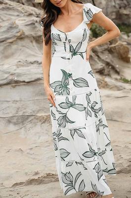 RUFFLE SLEEVE TIERED BUTTON UP LEAF PRINT MAXI DRESS