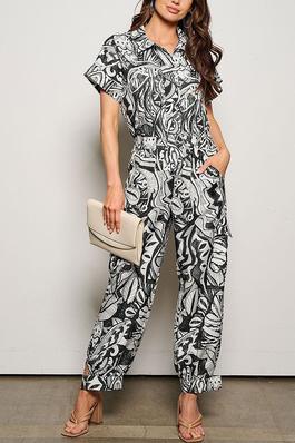 PUFF SLEEVE BUTTON UP POCKETS MULTI PRINT JUMPSUIT