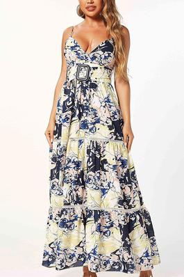SLEEVELESS V-NECK TIERED BELTED MULTI PRINT MAXI DRESS