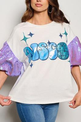 SHORT SLEEVE DISCO SEQUINS GRAPHIC BLOUSE TOP