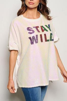 SHORT SLEEVE STAY WILD SEQUINS GRAPHIC BLOUSE TOP