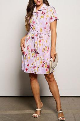 SHORT SLEEVE BUTTON UP PLEATED FLORAL MINI DRESS