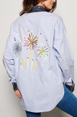 LONG SLEEVE BUTTON UP SEQUINS GRAPHIC BLOUSE TOP