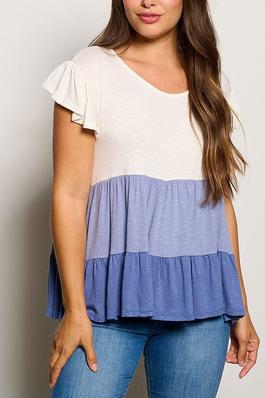 SHORT SLEEVE TIERED COLORBLOCK TUNIC BLOUSE TOP