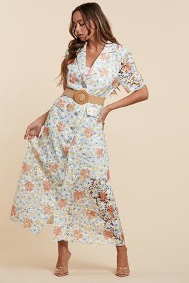 Floral Bliss White Blue Dress with Wrap-Style