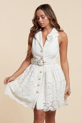 Charming White Lace Mini Dress with Floral Accent