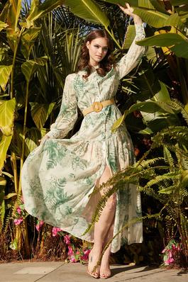 Elegance Green Leaf Print Maxi Dress
