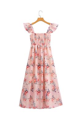 pink flower embroidery strap dress
