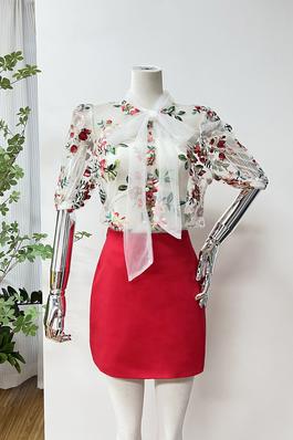 FLoral Embroidered Tie Blouse