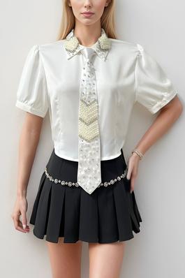 Jeweled Embellishment Blouse with Tie
