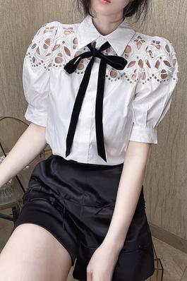 Bow-Front Puff-Sleeve Collared Shirt