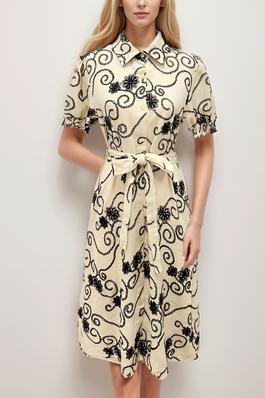 Embroidered Puff Sleeve Midi Dress