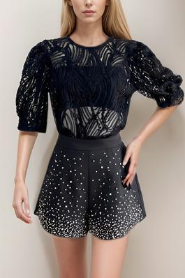 Embroidered Puff-Sleeve Top with Lace Panels