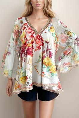Floral-Print Embroidered-Trim Tunic