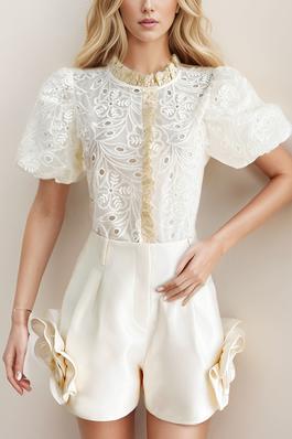 Embroidery Bubble Sleeves Blouse