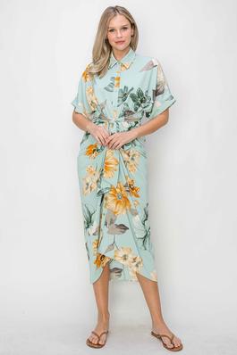 OL24A240-1-FLORAL TIE FRONT PLEATED SHIRT DRESS