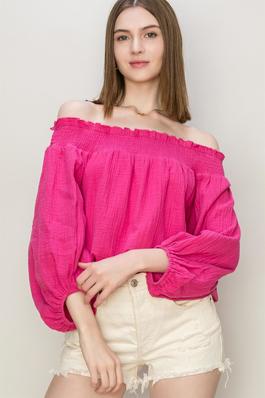 HF24A030-DOUBLE GAUZE OFF-THE-SHOULDER TOP