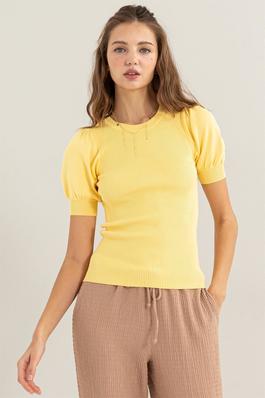 DZ24C263-RIBBED PUFF SLEEVE KNIT TOP