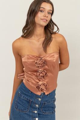 HF24G017-STRAPLESS SATIN TOP WITH ROSE DETAILS