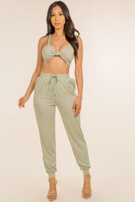 RUCHED CHEST KNOTTED CAMI TOP WITH JOGGER SET