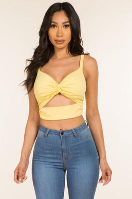 SOLID TWIST FRONT CAMI KNIT CROPPED TOP