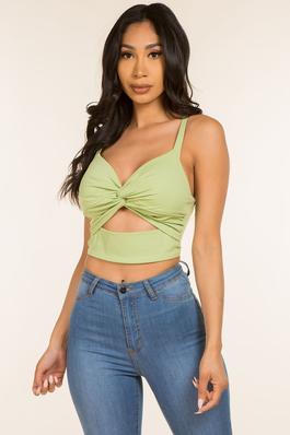 SOLID TWIST FRONT CAMI KNIT CROPPED TOP