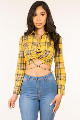 PLAID FRONT KNOTTED DETAIL CROP SHIRT