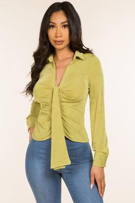 PLUNGE NECK DRAPE DETAILED SLINKY RUCHED SHIRT TOP