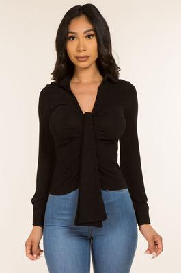 PLUNGE NECK DRAPE DETAILED SLINKY RUCHED SHIRT TOP