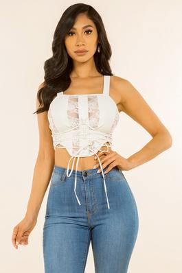 FLOWER LACE WITH FAUX PU LEATHER CAMI TOP