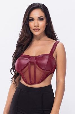 FISHNET AND FAUX LEATHER BUSTIER CROP TOP