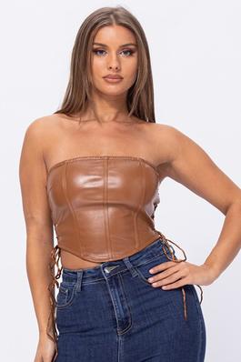 PU SIDE LACE UP DENIM TUBE TOP 