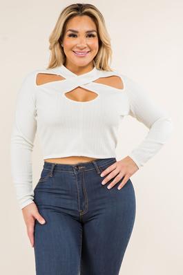 PLUS RIBBED WRAP NECK LONG SLEEVE TOP