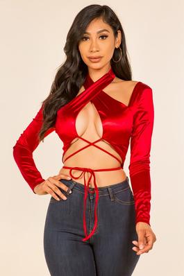 LONG SLEEVE FRONT WRAP AND CROSS STRAPS CROP TOP