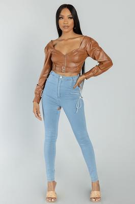 FAUX LEATHER HEART NECK BELTED CROP TOP