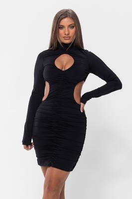 CUT OUT AND RUCHED MOCK NECK DRESS