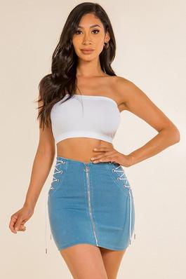 LACE UP STRETCHED WELL HIGH WAISTED DENIM SKIRT