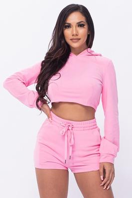 BACK OPEN WITH LACE UP HOODIE TOP AND SHORTS SET