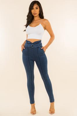 HIGH WAIST STRETCH BELTED SKINNY JEANS