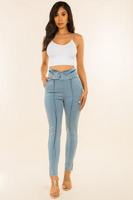 HIGH WAIST STRETCH BELTED SKINNY JEANS