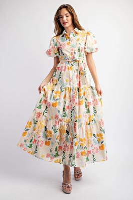 COTTON FLORAL PRINT SHIRT TIERED MAXI DRESS WITH PUFF SLEEVE DESIGN