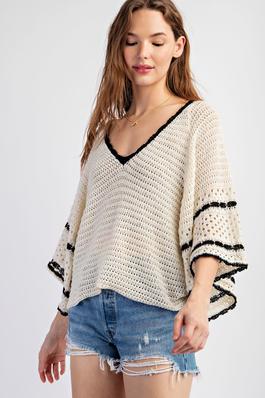 V-NECKLINE OPENING KNITTING CROP PULLOVER SWEATER WITH CONTRAST EDGES