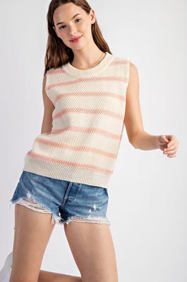 CLASSIC STRIPE WAFFLE SWEATER SLEEVELESS PULLOVER TOP